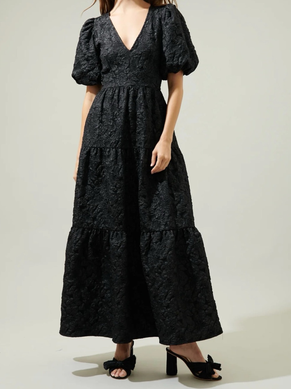 Sugarlips Black Textured V-Neck Maxi Dress with Puff Sleeves
